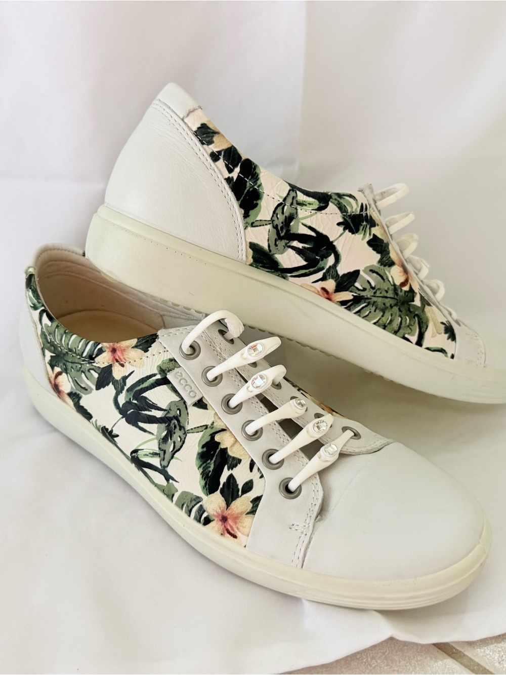 Ecco White Leather Sneakers with Green Botanical and Pink Floral Accents